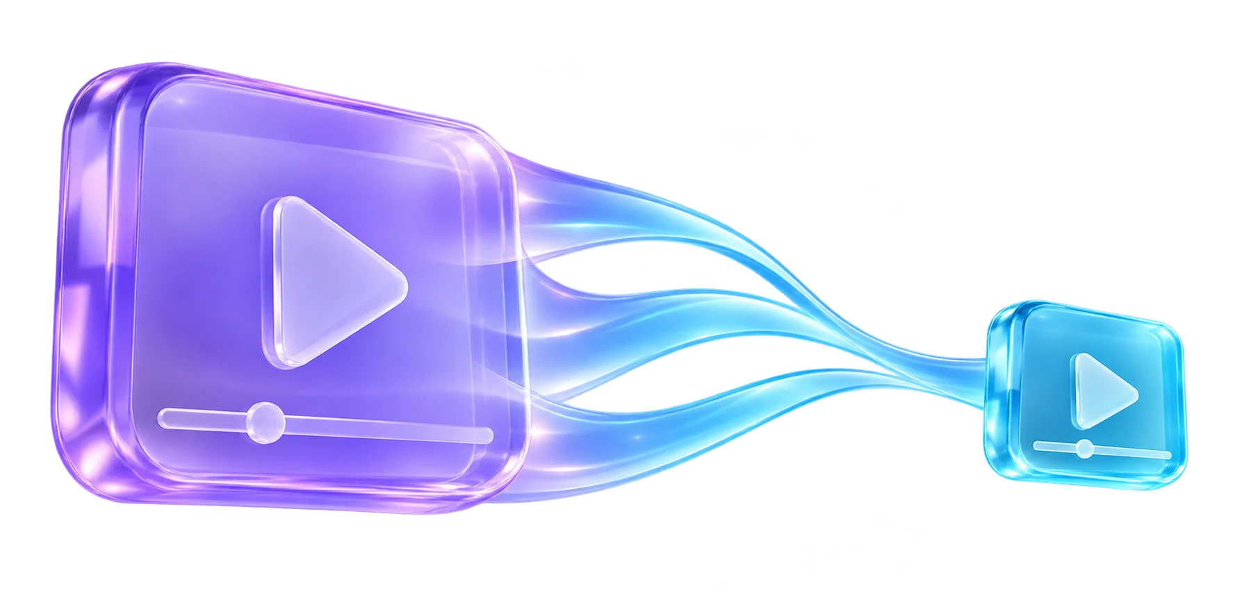 A large violet video tile becoming a smaller cyan video tile